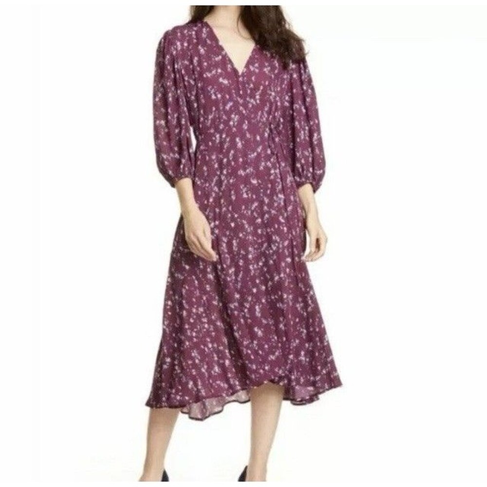 Lewit Women’s Floral Wrap Dress Purple Cream Ivory Dot Midi 3/4 Sleeve Size 4